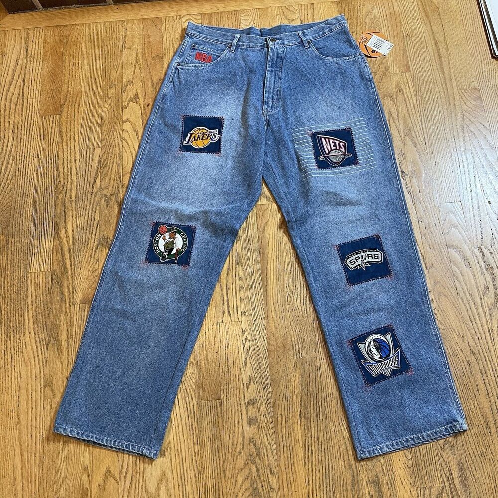 Unk Embroidered Basketball Patch Jeans NBA Team Logos Sz 36 x 32 NWT Vtg Y2K